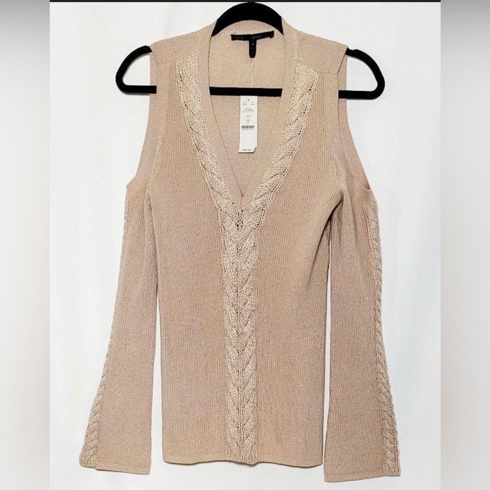 White House Black Market Tan V-Neck Sweater cashmere with Cable Knit NWT